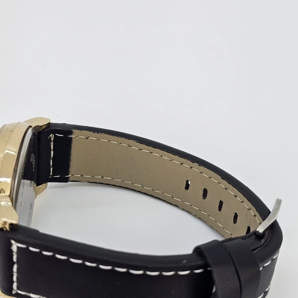Men's Watch 44MM Black Dial New‎ Black Faux Leather Bands New Battery